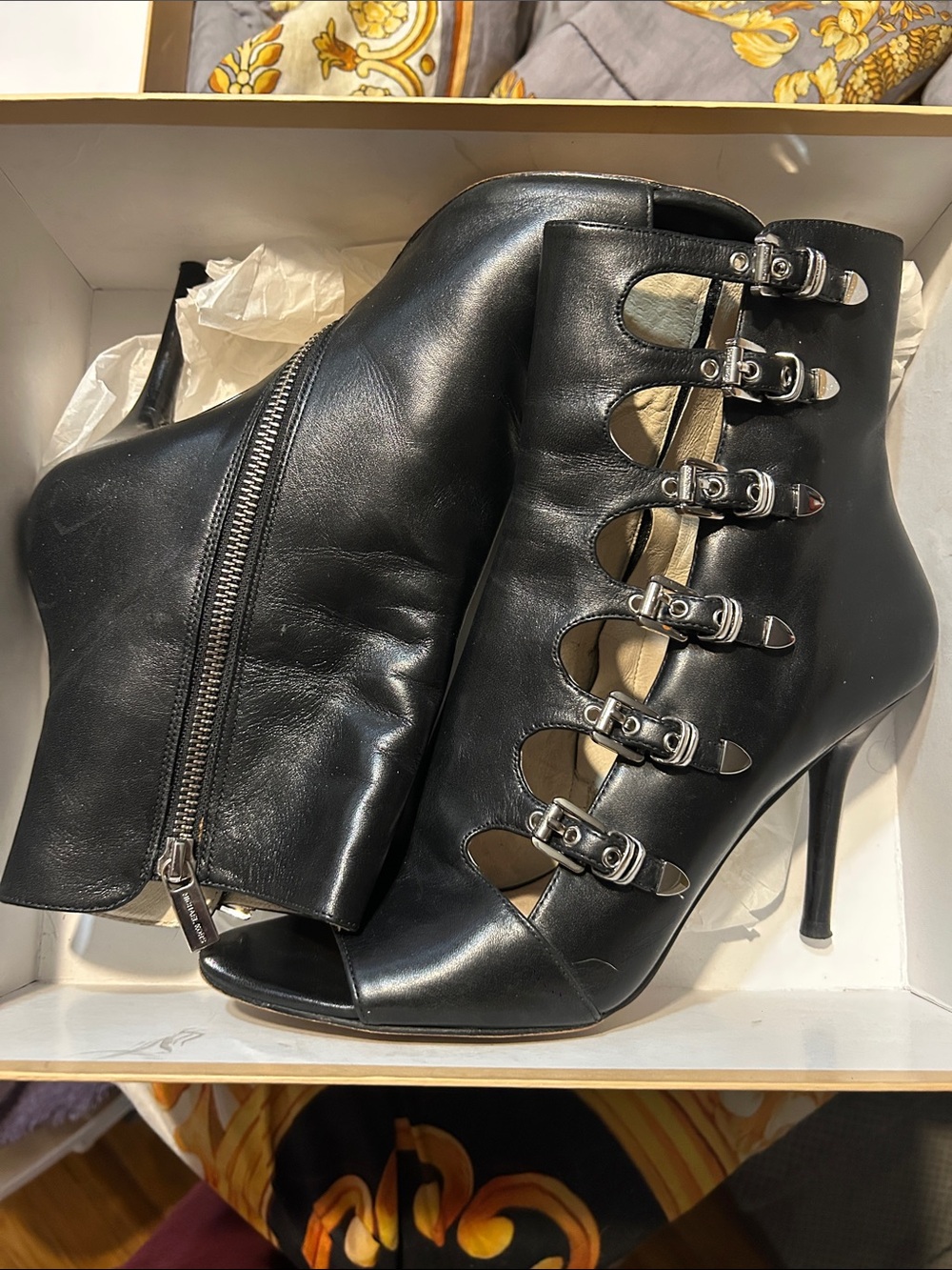Michael Kors Black Leather Buckle Peep-Toe Ankle Boots